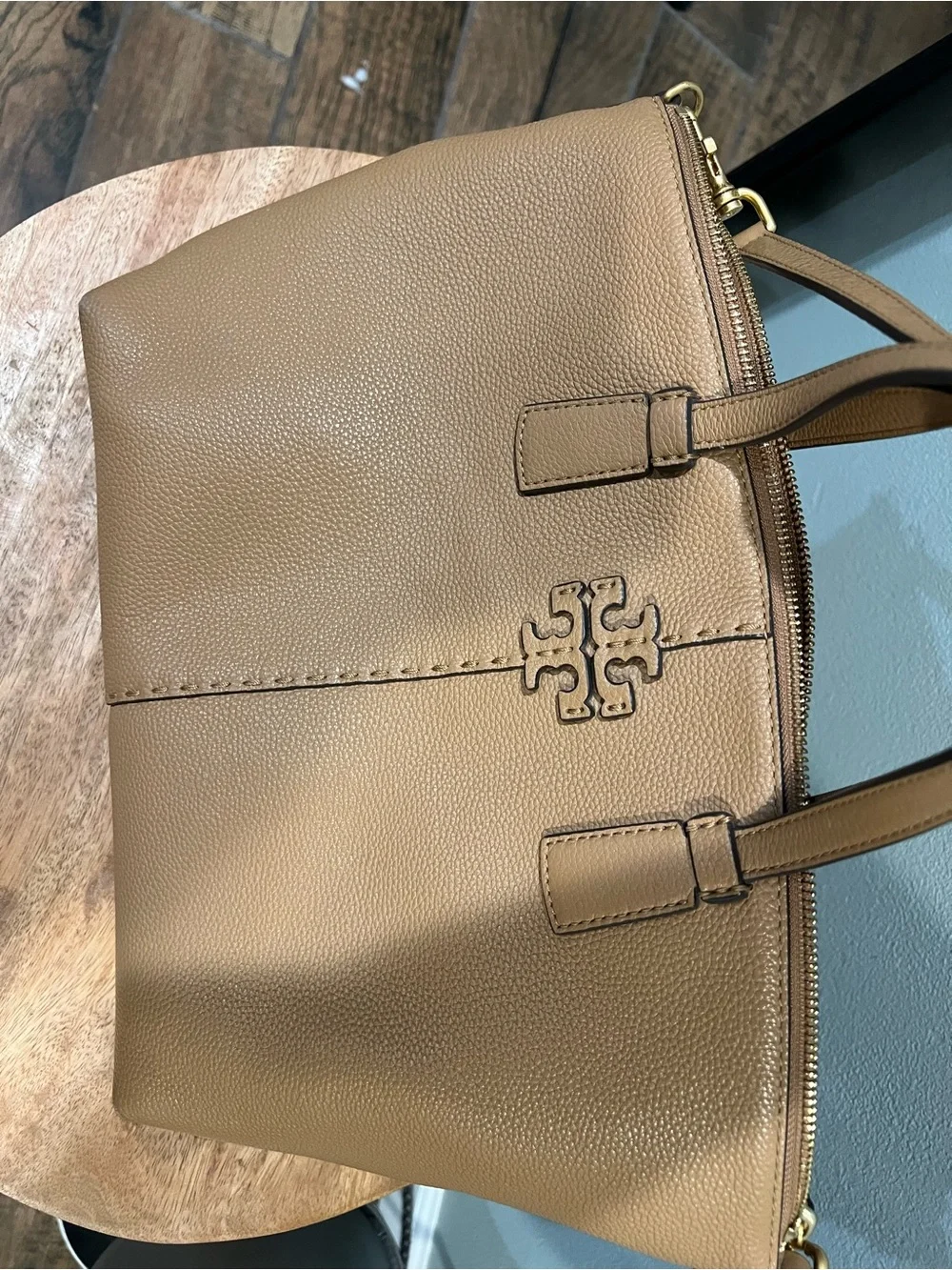 Tory Burch Macgraw Camel/Tan Pebbled Leather Tote with Logo